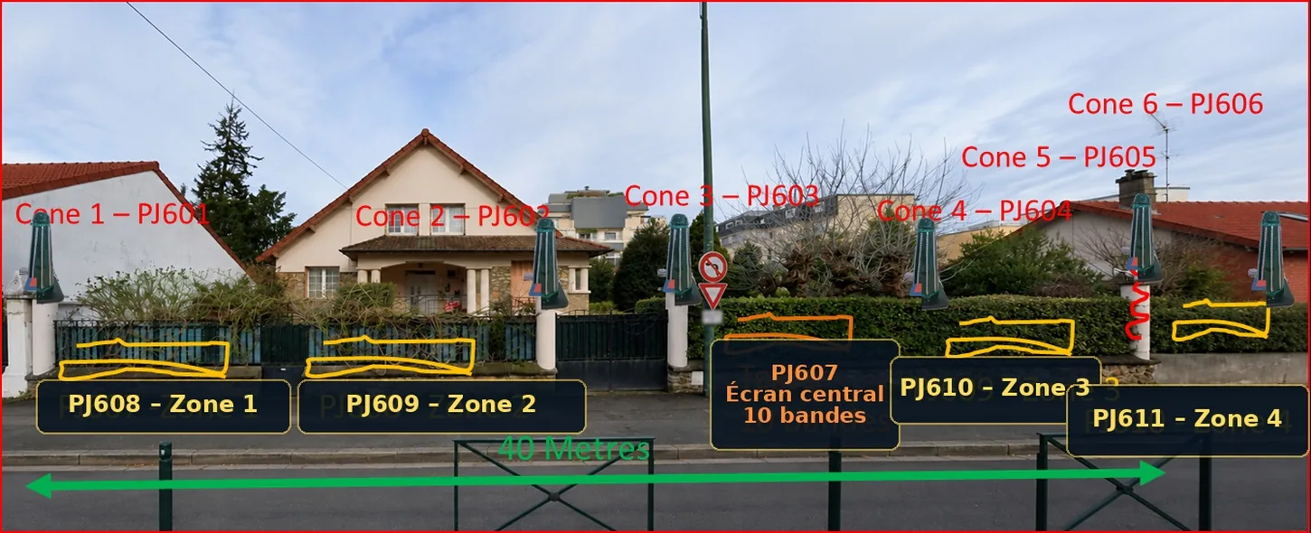 Vue de la façade et de l'implantation des cônes et zones lumineuses